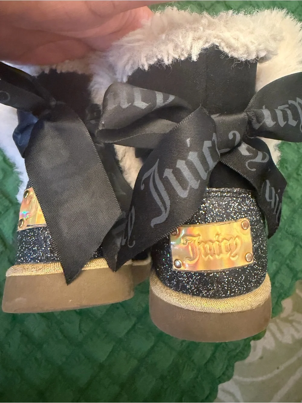 Juicy Couture Black Faux-Shearling Rhinestone Logo Kids Boots